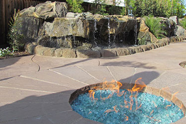 gas fire place in ground blue stone natural